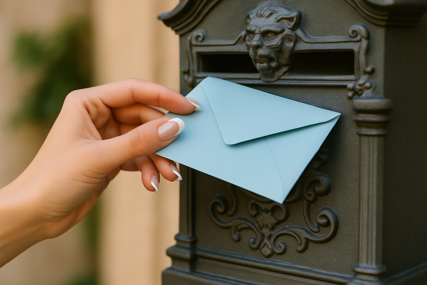 women's hand with french manicure about to place a light blue envelope into fancy mailbox