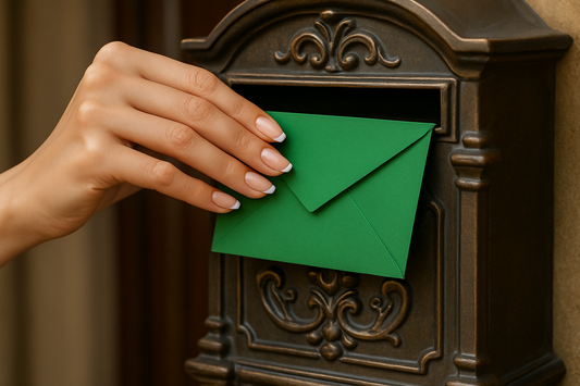 woman's hand with french manicured nails placing green envelope in fancy mailbox